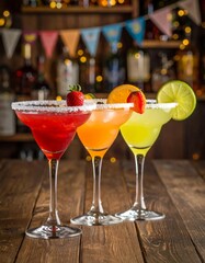 A vibrant trio of margaritas in salted-rim glasses garnished with strawberry, orange, and lime, set against a festive and colorful bar backdrop.