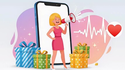 Mobile Marketing Promotion-Influencer Announcement-Gifts and Rewards-Digital Advertising Strategy-Online Marketing Campaign with Cartoon Style-Customer Engagement - Powered by Adobe