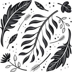 Obraz premium Black and white seamless floral pattern with leaves and feather-inspired decorative elements