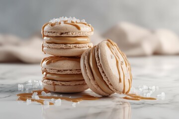 Stack of salted caramel macarons with caramel drizzle on a marble surface in a studio setting