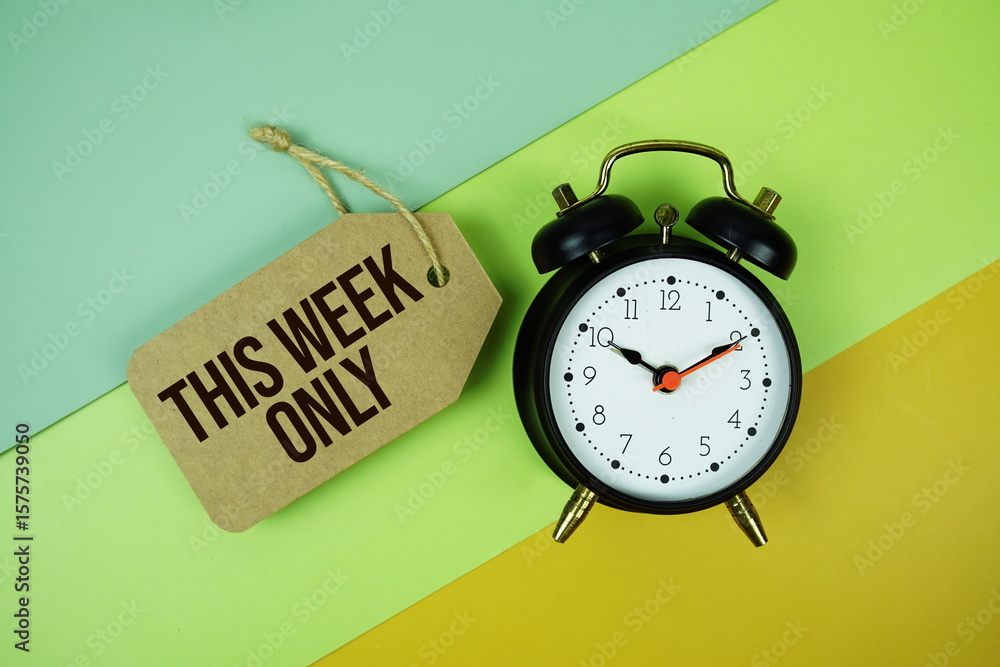Poster this week only text on price tag with alarm clock on green and yellow geometric background