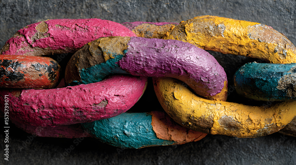 Poster colorful connecting links against a textured background illustrating interconnection, strength, and 