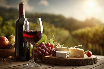 Still life with wine bottle glass grapes and cheese on wooden board against vineyard background