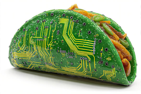 A photorealistic taco with cyberpunk-inspired green shell and neon yellow circuit patterns