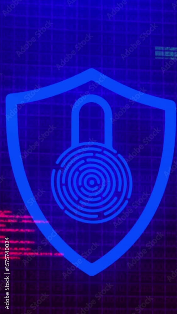 Poster animation of security fingerprint and data processing over dark background
