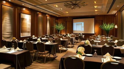 Interior of a conference room with tables and chairs set up for a meeting with a projector screen