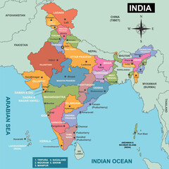 Obraz premium Colorful Administrative Map of India Showing Districts and Regions