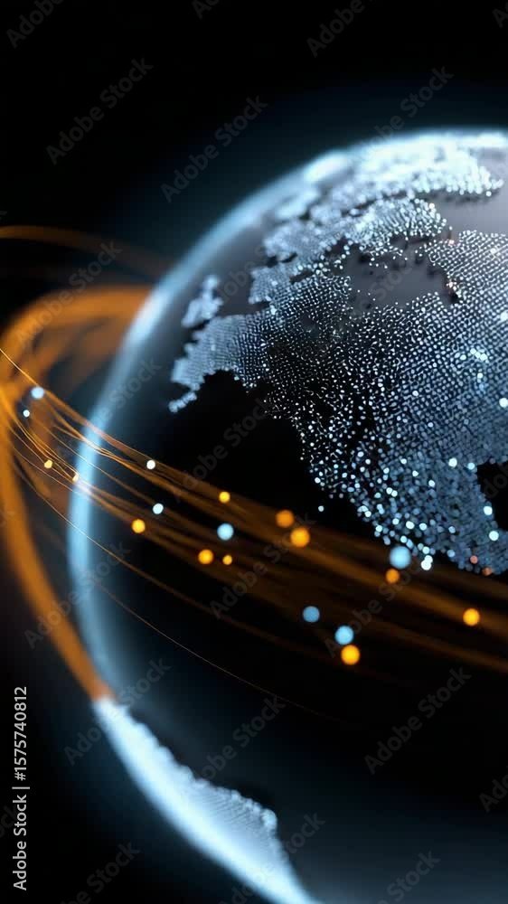 Poster a close up of a globe with a blue and orange swirl around it. the globe is surrounded by a series of