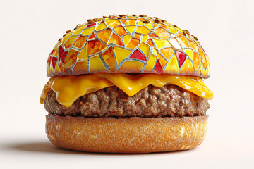 A photorealistic burger with mosaic-inspired yellow and red tile patterns on bun
