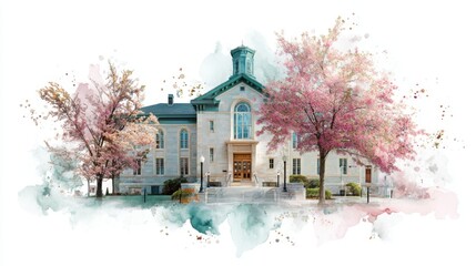 Stone Building with Pink Cherry Blossoms in Spring Watercolor Style