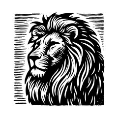 Majestic Lion Head Profile View Black and White Outline Line Art Drawing with Detailed Mane and Classic Engraving Style