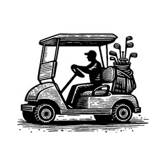 Man Driving Golf Cart with Clubs Side View Black and White Outline Line Art Drawing for Sport Recreation
