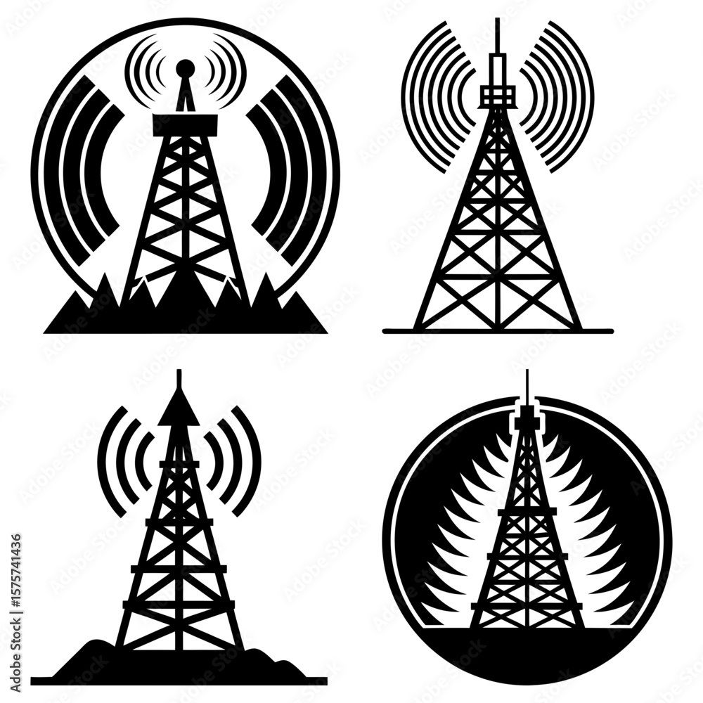 Poster four communication towers with signal waves in various designs and compositions black and white styl