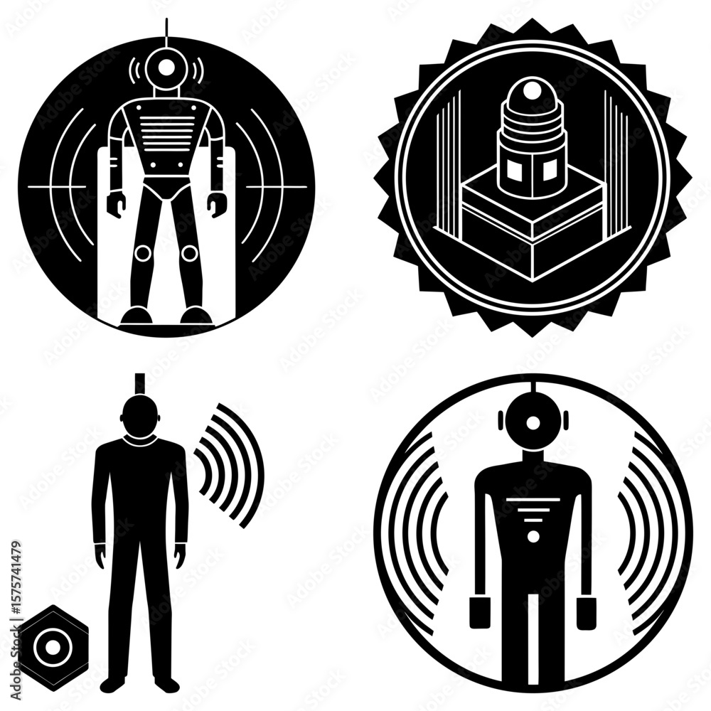 Aufkleber various black and white icons featuring robots and structures in circular and geometric designs