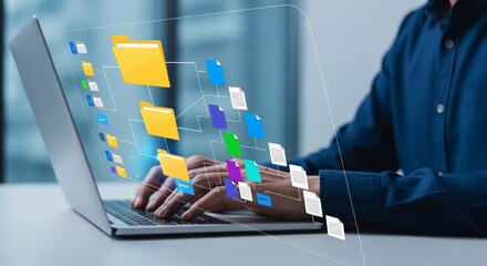 Digital File Management Interface with Hierarchical Folder Tree and Colorful Document – Data Organization Concept on Laptop