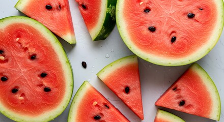 Fresh Watermelon Fruits and Juicy Slices in Top View – Summer Tropical Refreshment Concept

