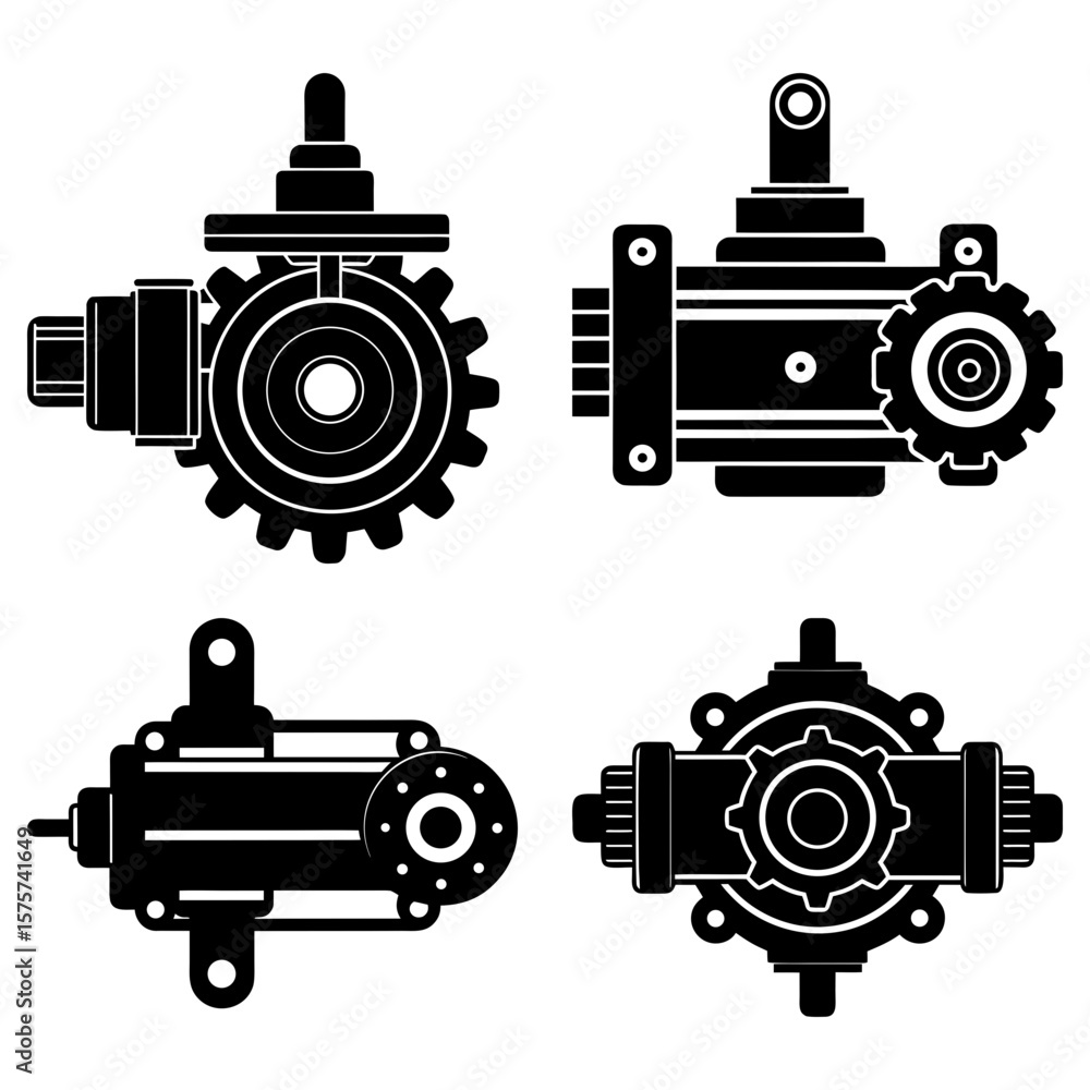 Poster four black mechanical gear assemblies displayed with distinct design variations and mounting structu