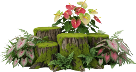 Moss covered tree stumps display vibrant anthurium flowers and leafy caladium plants in a forest floor arrangement