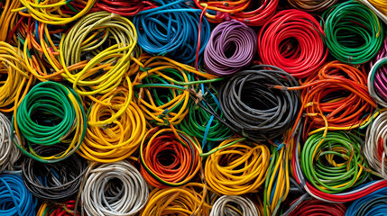 Full-frame close-up image of tangled, exposed cables symbolizing digital clutter, disorganization, and tech-related anxiety.