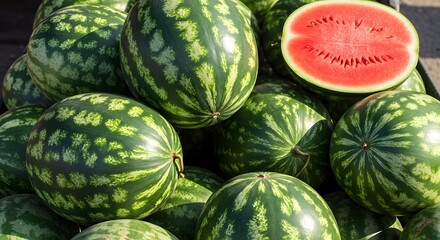 Fresh Watermelon Fruits and Juicy Slices in Top View – Summer Tropical Refreshment Concept

