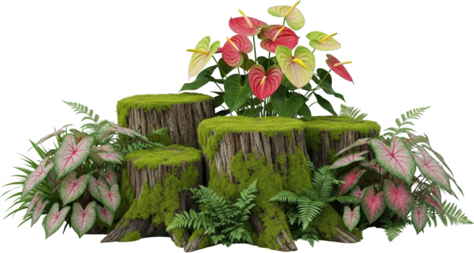 Moss covered tree stumps display vibrant anthurium flowers and leafy caladium plants in a forest floor arrangement