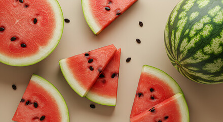 Fresh Watermelon Fruits and Juicy Slices in Top View – Summer Tropical Refreshment Concept

