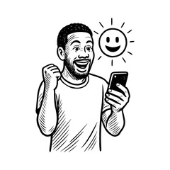 Excited Man Holding Smartphone Celebrating Success with Happy Face Icon Black and White Outline Line Art Drawing