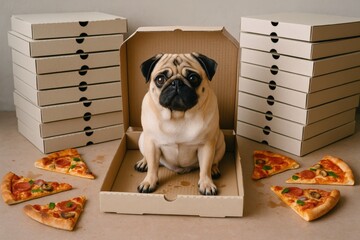 Adorable Pug enjoys Pizza Party inside a cardboard box surrounded by stacked pizza boxes and delicious pepperoni slices, illustrating comical pet humor.