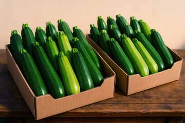 Fresh Zucchini Abundance shows organic produce ready for market in cardboard boxes, highlighting summer's bounty and sustainable farming.
