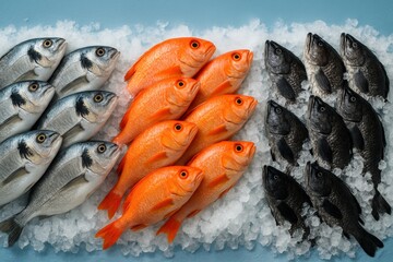 Freshly caught assortment displays contrasting colors on ice, tempting gourmet shoppers seeking healthy and delicious culinary inspiration.