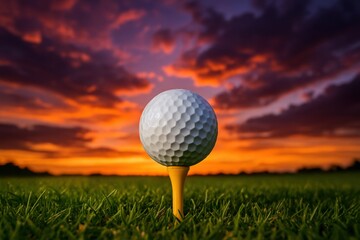 Golf ball sits serenely on tee against fiery sunset, offering perfect backdrop for golf, sport, recreation, and leisure concepts.