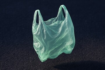 Green plastic bag hovers ethereally, a subtle reminder of environmental concern, against a dark textured background for a thought-provoking compostion on waste.