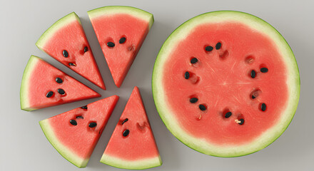 Fresh Watermelon Fruits and Juicy Slices in Top View – Summer Tropical Refreshment Concept

