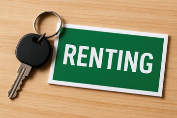 New Apartment Key with Green Renting Sign represents a fresh start and the exciting opportunity for prospective tenants finding a perfect home.