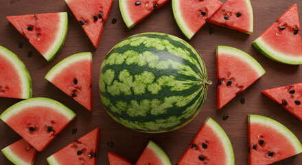 Fresh Watermelon Fruits and Juicy Slices in Top View – Summer Tropical Refreshment Concept

