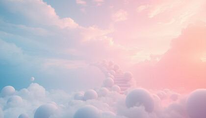 Bubbles forming a surreal staircase to the sky, pastel blue and pink hues, floating in a dreamlike void, soft shadows and gentle glow