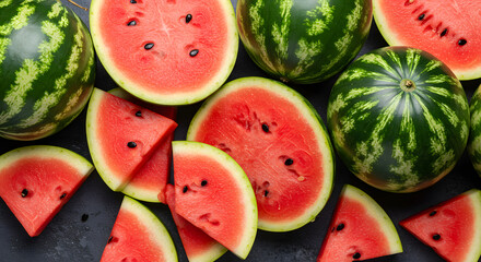 Fresh Watermelon Fruits and Juicy Slices in Top View – Summer Tropical Refreshment Concept

