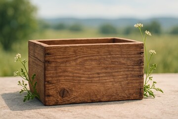 Rustic wooden box presents nature's quiet elegance, framing delicate wildflowers against a serene summer landscape.