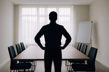 Shadowy Figure Contemplates Modern Conference Room Ready For Strategy Session Illuminating Leadership Vision Against Light Filled Window.