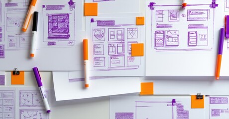 Sketches cover white surface. Orange, purple markers, sticky notes present. Design process visible, ideas explored.