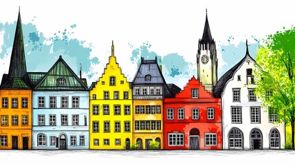 Fototapeta premium Colorful sketch of a charming European town street.