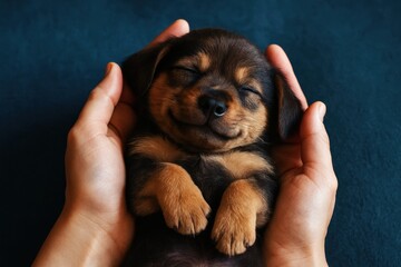 Sleeping Puppy cradled gently in loving hands shows incredible trust and brings profound peace in this heartwarming portrait of companionship.