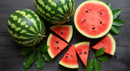 Fresh Watermelon Fruits and Juicy Slices in Top View – Summer Tropical Refreshment Concept

