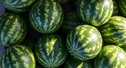 Fresh Watermelon Fruits and Juicy Slices in Top View – Summer Tropical Refreshment Concept

