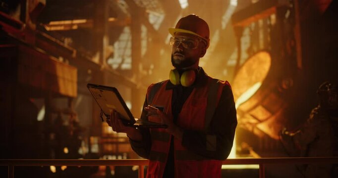 Steel Plant Engineer Inputs Data on Laptop Computer while Furnace Team Using Controller to Operate Molten Iron Flow. Young Specialist Doing Technological Oversight in a Harsh Industrial Facility