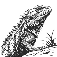 Intricate Black and White Bearded Dragon Illustration Majestic Reptile Portrait Detailed Ink Drawing  Serene Wildlife Art