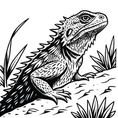 Intricate Black and White Line Art Illustration of a Regal Iguana on a Rock Surrounded by Lush Tropical Foliage