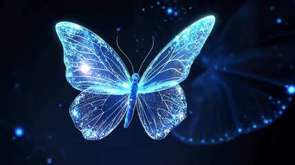 A glowing blue butterfly with sparkling details against a dark background. The butterfly has intricate patterns and a translucent appearance.