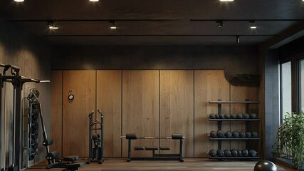 Modern home gym showing exercise equipment and wood paneling