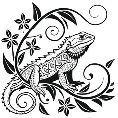Bearded Dragon Lizard in Floral Frame Elegant Black and White Tattoo Style Illustration
